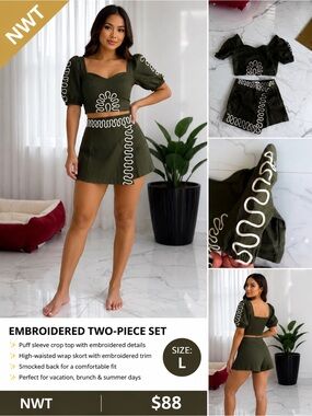 Embroidered Puff Sleeve Skort Set — Olive Green